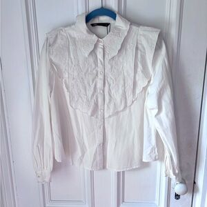 Zara Women’s Embroidered Long Sleeve Button Front Ruffle Blouse Size XS NWT